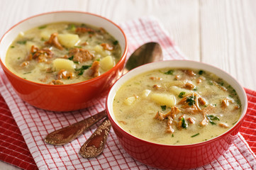 Vegetarian cuisine - soup with potatoes and chanterelles mushroom.