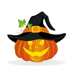 Halloween. Witch hat on pumpkin. Vector. Greeting card or invitation for a party