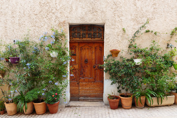Fototapeta na wymiar Entrance to the old French house and potted flowers