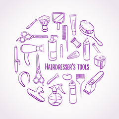 Hairdresser's tools. Illustration with bottle, cosmetics, mirror, scissors, spray