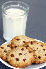 refreshment, eating snack: glass of milk and chocolate chip cookies on grey background with copy space