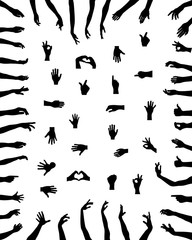 Silhouettes of hands in various positions on a white background
