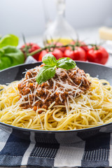 Spaghetti Bolognese. Pasta spaghetti Bolognese with basil and decoration in restaurant or home