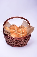 bread, croissant, croissant, board, green, hay, sesame, breakfast, lunch, dinner, basket, sack, white background