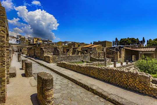 Italy. Ruins of Herculaneum (UNESCO World Heritage Site) - Cardo III Inferiore (lower Cardo street) and remains of ancient houses (Insula III)