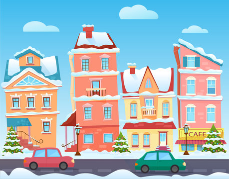 Vector Sunny cute cartoon City street at Winter. Cartoon buildings. Christmas background with urban houses and shops. Christmas town illustration. © lembergvector