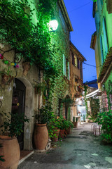 Fototapeta na wymiar Narrow street with flowers in the old town Mougins in France. Night view