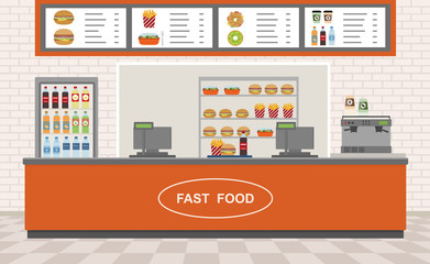 Fast food restaurant interior. Vector illustration. Flat design. 
