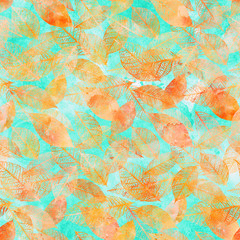 Seamless background pattern of golden tinted watercolor leaves