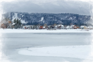 Impressionism Style Oil Painting; Flozen Lake, Climate Change at Southern California, Big Bear Lake, San Bernardino, 2016