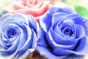 Impressionism Style Oil Painting; A Gift of Preservrd Flower and Clay Flower Arrangement, Blue and Pink Roses