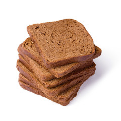 Pile Brown bread toast isolated over white. Low-calorie grain bread.