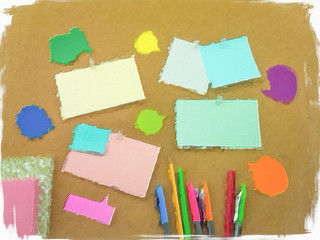 Impressionism Style Oil Painting; Colorful Balloons and Notes (Cork Board Background)