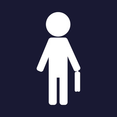 Vector image of a business man with a bag or schoolboy with a briefcase. Vector white icon on dark blue background.
