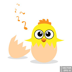 Chick. It hatched from the egg. Yellow. Cute. Flat design. For your design.
