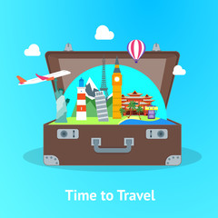 Travel Concept with Open Suitcase Card Poster. Vector