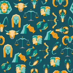Cartoon Zodiac Symbol Background Pattern on a Blue. Vector