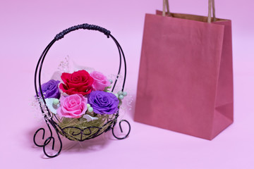 A Gift of Preservrd Flower and Clay Flower Arrangement, Colorful Roses