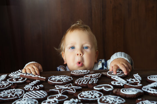 Small boy tries to grab traditional homemade Christmas ginger and chocolate cookie decorated with white sugar painting