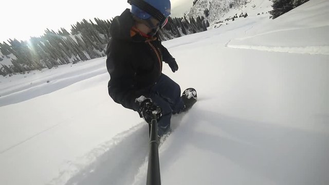 Deap Powder at mountain backcountry. Use only board, no binding.