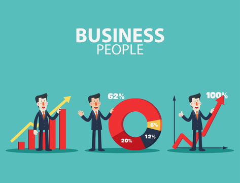 Successful smiling business man presenting and showing a financial chart. Success, idea, marketing presentations, growing and business strategy vector illustration