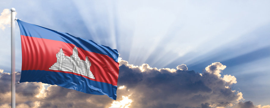 Cambodia flag on blue sky. 3d illustration