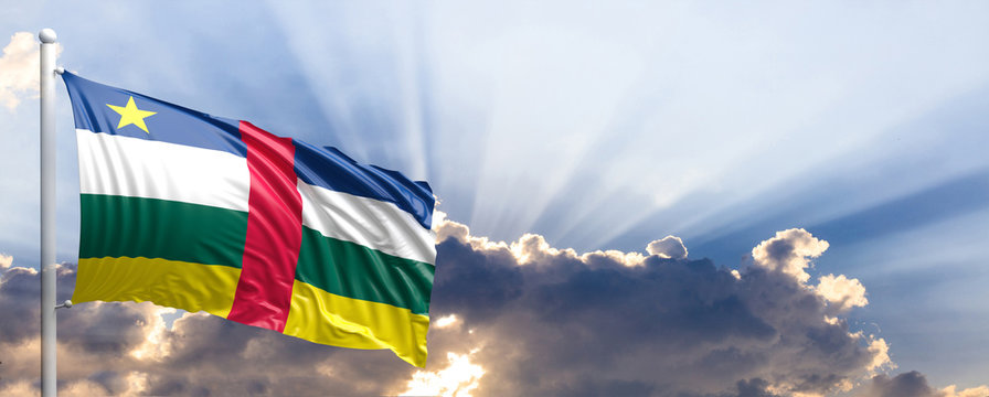 Central African Republic  flag on blue sky. 3d illustration