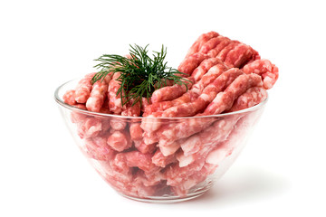 The minced meat in a glass dish on white