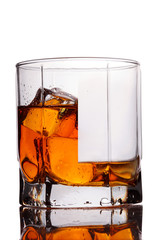 Glass of scotch whiskey and ice on a white background.Concept half full,half empty