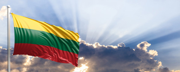 Lithuania flag on blue sky. 3d illustration - obrazy, fototapety, plakaty