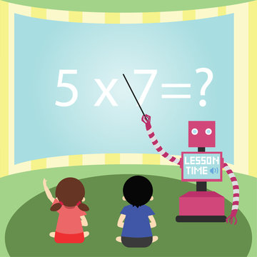 Domestic Robot teaching maths to little girl and boy. Robotic teacher futuristic concept illustration vector.