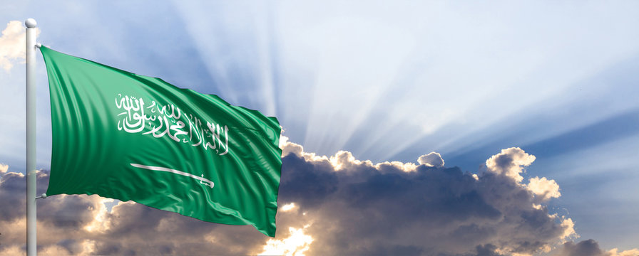 Saudi Arabia flag on blue sky. 3d illustration