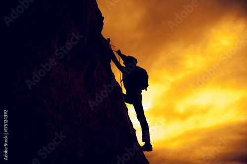 Business Man Climbs Mountain Within Help Of Rope Stock - 