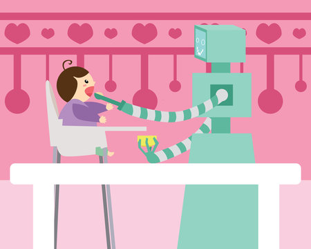 Domestic robot spoon feeding small baby sitting on high chair in kitchen. Personal robot nanny futuristic concept illustration vector.