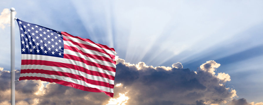 United States flag on blue sky. 3d illustration