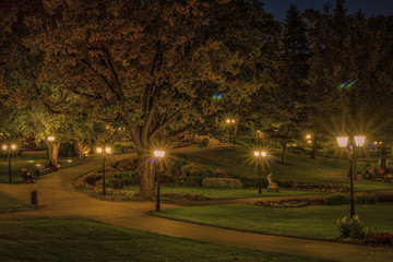 Autumn in central public park in Riga at night, Latvia.