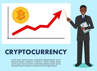 Cryptocurrency concept. Businessman and graph with trend line rising up and coin with a sign of bitcoin in flat style isolated. Digital currency electronic money, exchange, mobile banking. Vector