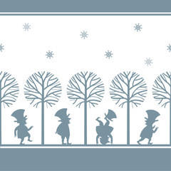 Endless border with funny gnome, leprechaun, dwarf silhouettes in winter garden, cartoon vector illustration on white background. Endless border with funny gnomes, leprechauns, paper cup design