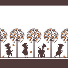 Endless border with funny gnome, leprechaun, dwarf silhouettes in fall, autumn garden, cartoon vector illustration on white background. Endless border with funny gnomes, leprechauns, paper cup design