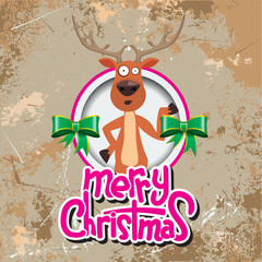 Christmas reindeer pointing at something in a circle. Merry christmas calligraphy. Old paper and Grunge effect with carving style Vector.