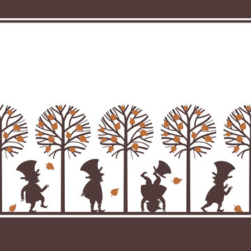 Endless border with funny gnome, leprechaun, dwarf silhouettes in fall, autumn garden, cartoon vector illustration on white background. Endless border with funny gnomes, leprechauns, paper cup design