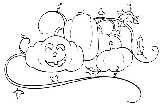 Pumpkins and a Jack-o-Lantern with pumpkin vines and falling oak and maple leaves.
