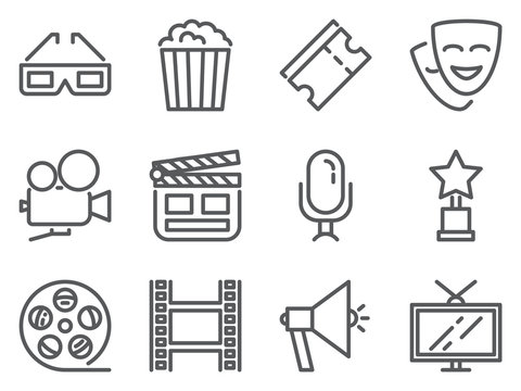 Cinema pixel perfect icons. Set of line pictograms of 3D glasses, pop corn, tickets, camera, reward, TV, film and other movie related elements. Vector illustration.