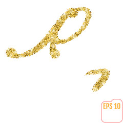 Gold rush. Gold alphabetic letter r. Vector gold alphabet. Font with golden glitter. Letter 