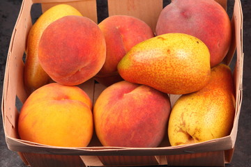 Yellow pears and orange peaches in a wooden basket with Christmas tree branches for Christmas dinner
