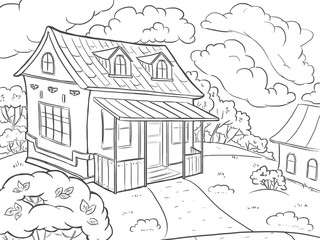 Coloring page. Landscape house in the summer