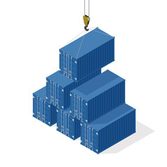 Pyramid of sea containers. The top container lowered the crane - isometric illustration with shadows