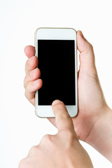 Man hand holding the white smartphone