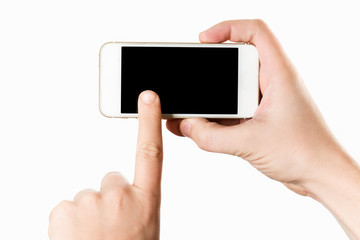 Man hand holding the white smartphone
