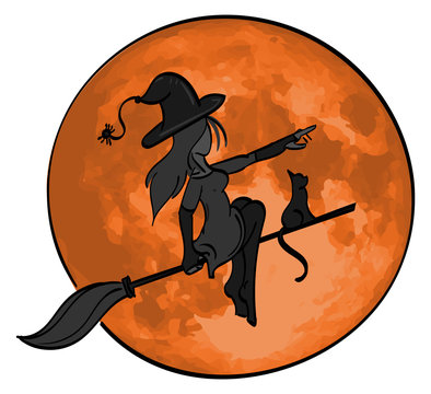 Witch with her black cat on a broomstick flying in front of a full moon.